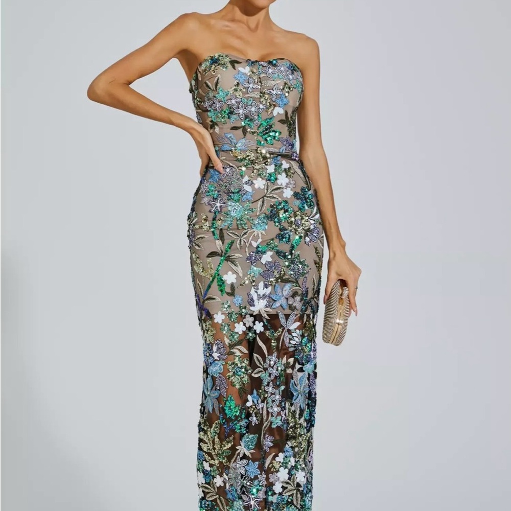 Strapless Floral Appliqué Midi Dress in Blue and Green; Sheer; Prom - Picture 3 of 8
